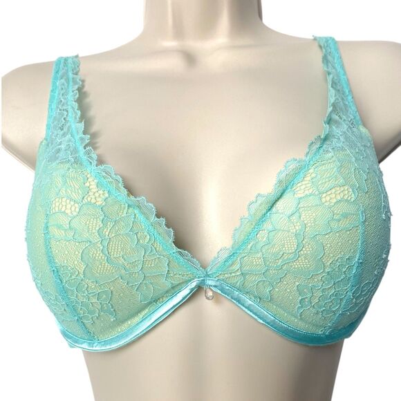 Victorias Secret Sexy Little Things Padded Push-Up Bra Yellow Aqua Lace Size 34C - Picture 2 of 4